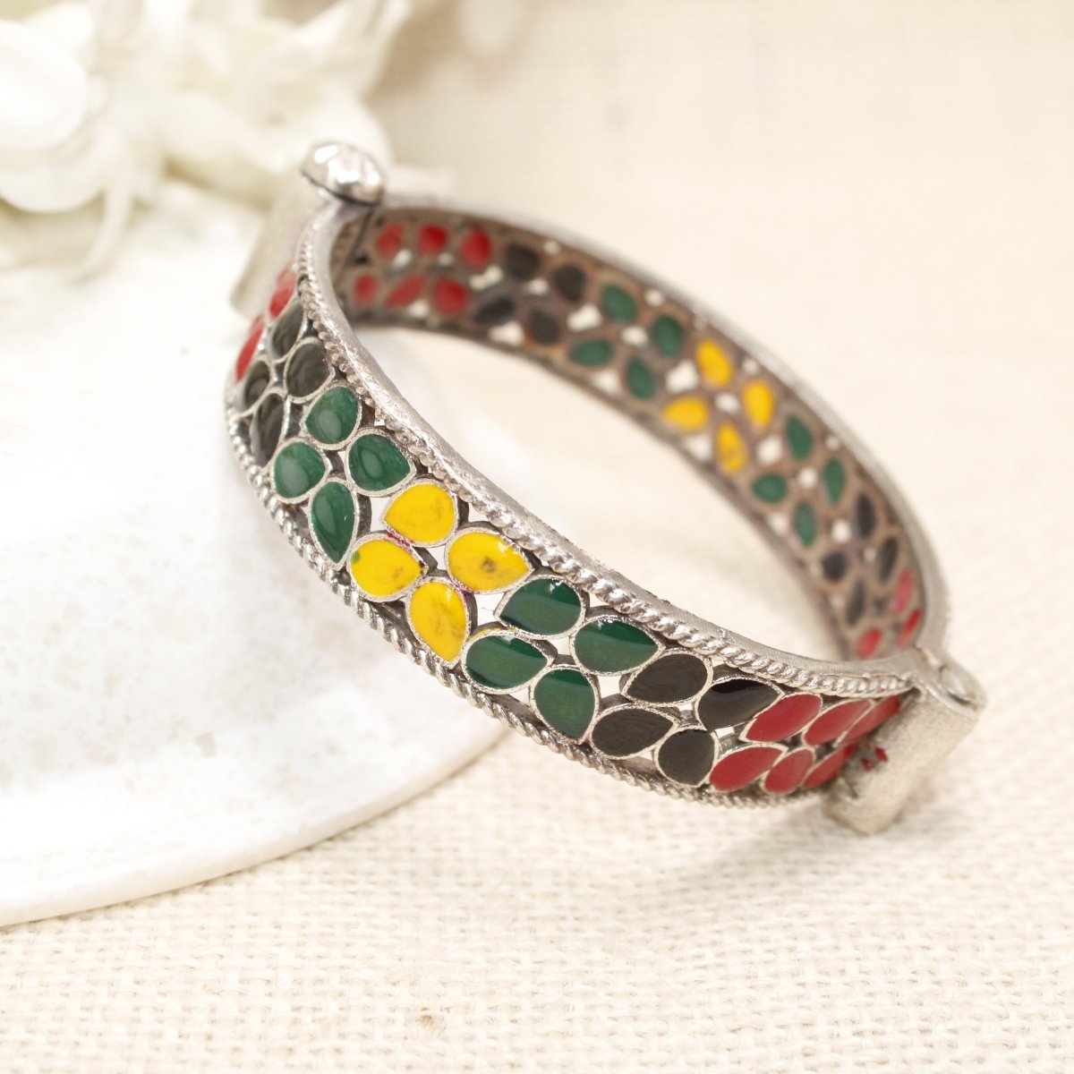 MEENAKARI LEAF PATTERN KADA - RED, BLACK, GREEN & YELLOW - kada