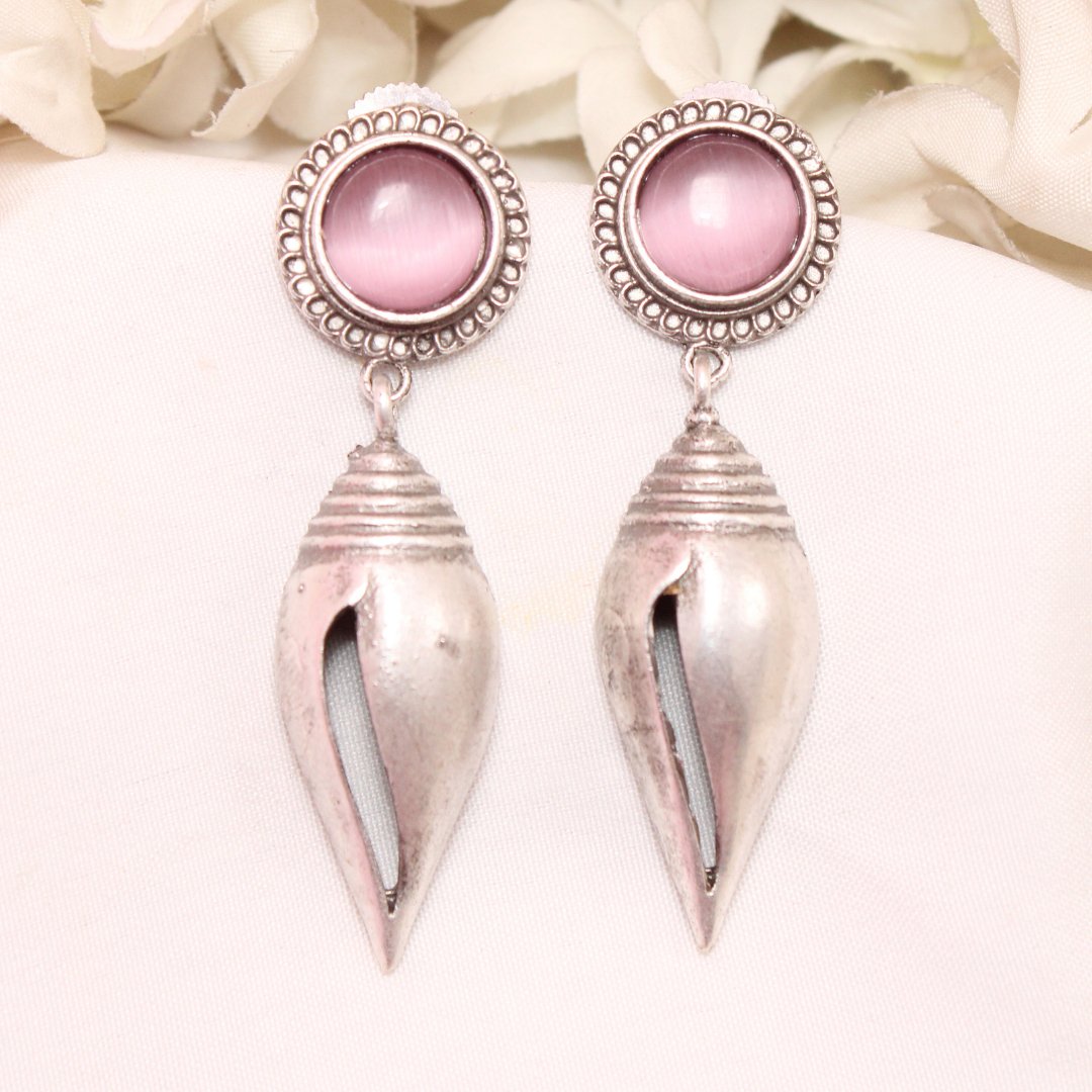 MONALISA STONE SHANKH DROPS EARRINGS-PINK -EARRING