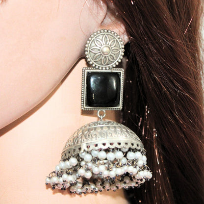 MONALISA STONE SILVER LOOK ALIKE BIG JHUMKA-BLACK -EARRING