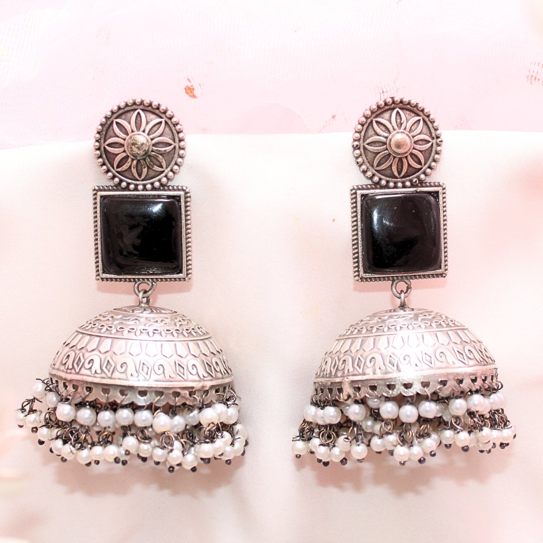 MONALISA STONE SILVER LOOK ALIKE BIG JHUMKA-BLACK -EARRING