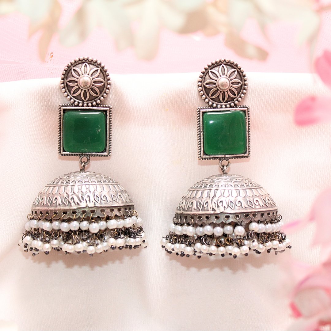 MONALISA STONE SILVER LOOK ALIKE BIG JHUMKA-GREEN -EARRING