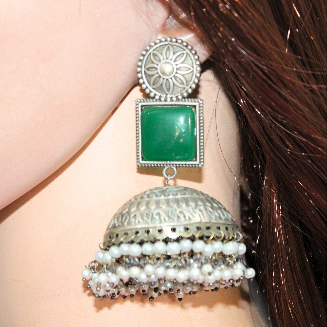 MONALISA STONE SILVER LOOK ALIKE BIG JHUMKA-GREEN -EARRING