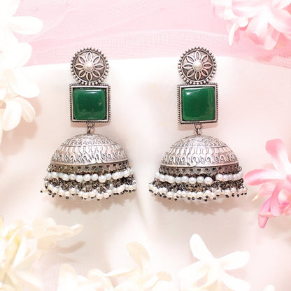 MONALISA STONE SILVER LOOK ALIKE BIG JHUMKA-GREEN -EARRING