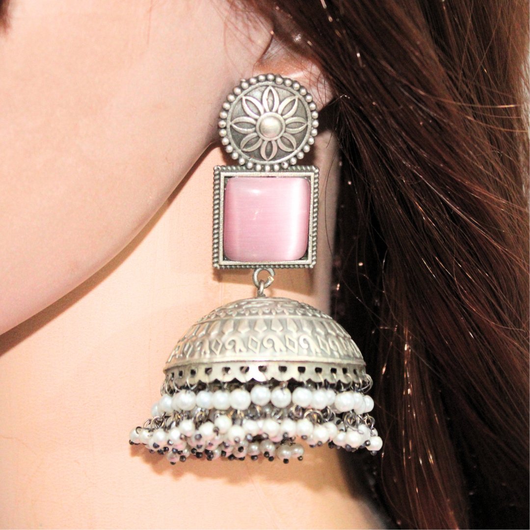 MONALISA STONE SILVER LOOK ALIKE BIG JHUMKA-PINK -EARRING