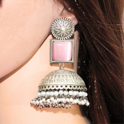 MONALISA STONE SILVER LOOK ALIKE BIG JHUMKA-PINK -EARRING