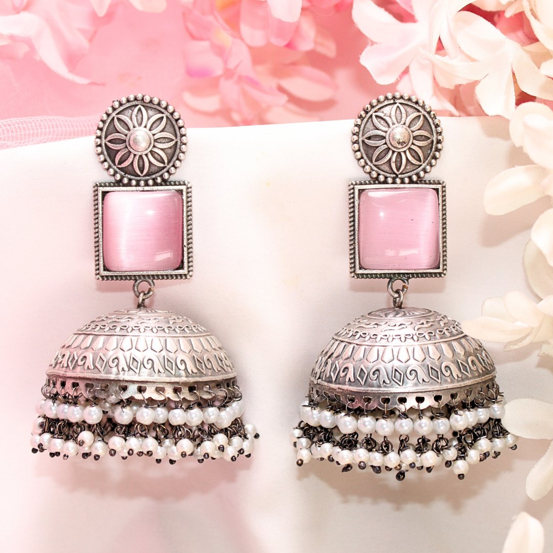 MONALISA STONE SILVER LOOK ALIKE BIG JHUMKA-PINK -EARRING