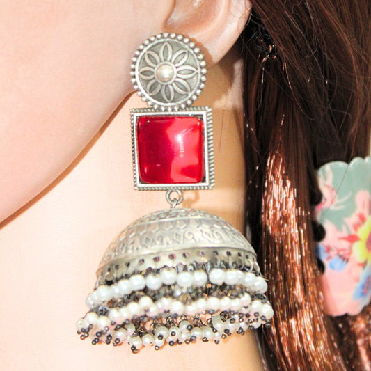 MONALISA STONE SILVER LOOK ALIKE BIG JHUMKA-RED -EARRING