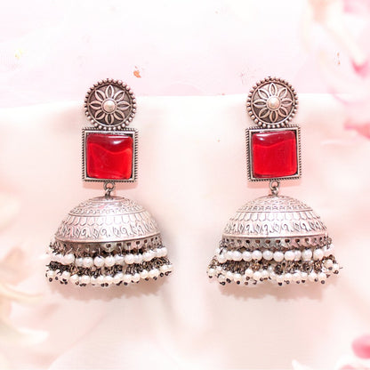 MONALISA STONE SILVER LOOK ALIKE BIG JHUMKA-RED -EARRING