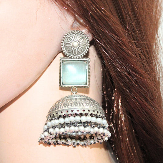 MONALISA STONE SILVER LOOK ALIKE BIG JHUMKA-SKY BLUE -EARRING