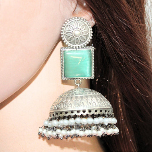 MONALISA STONE SILVER LOOK ALIKE BIG JHUMKA-TURQUOISE -EARRING