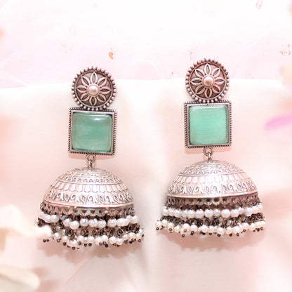 MONALISA STONE SILVER LOOK ALIKE BIG JHUMKA-TURQUOISE -EARRING