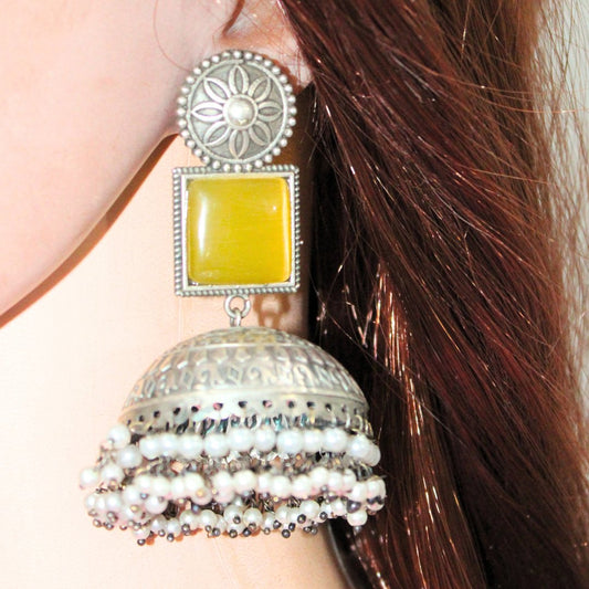 MONALISA STONE SILVER LOOK ALIKE BIG JHUMKA-YELLOW -EARRING