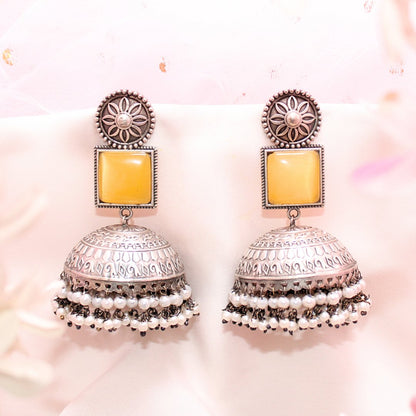 MONALISA STONE SILVER LOOK ALIKE BIG JHUMKA-YELLOW -EARRING