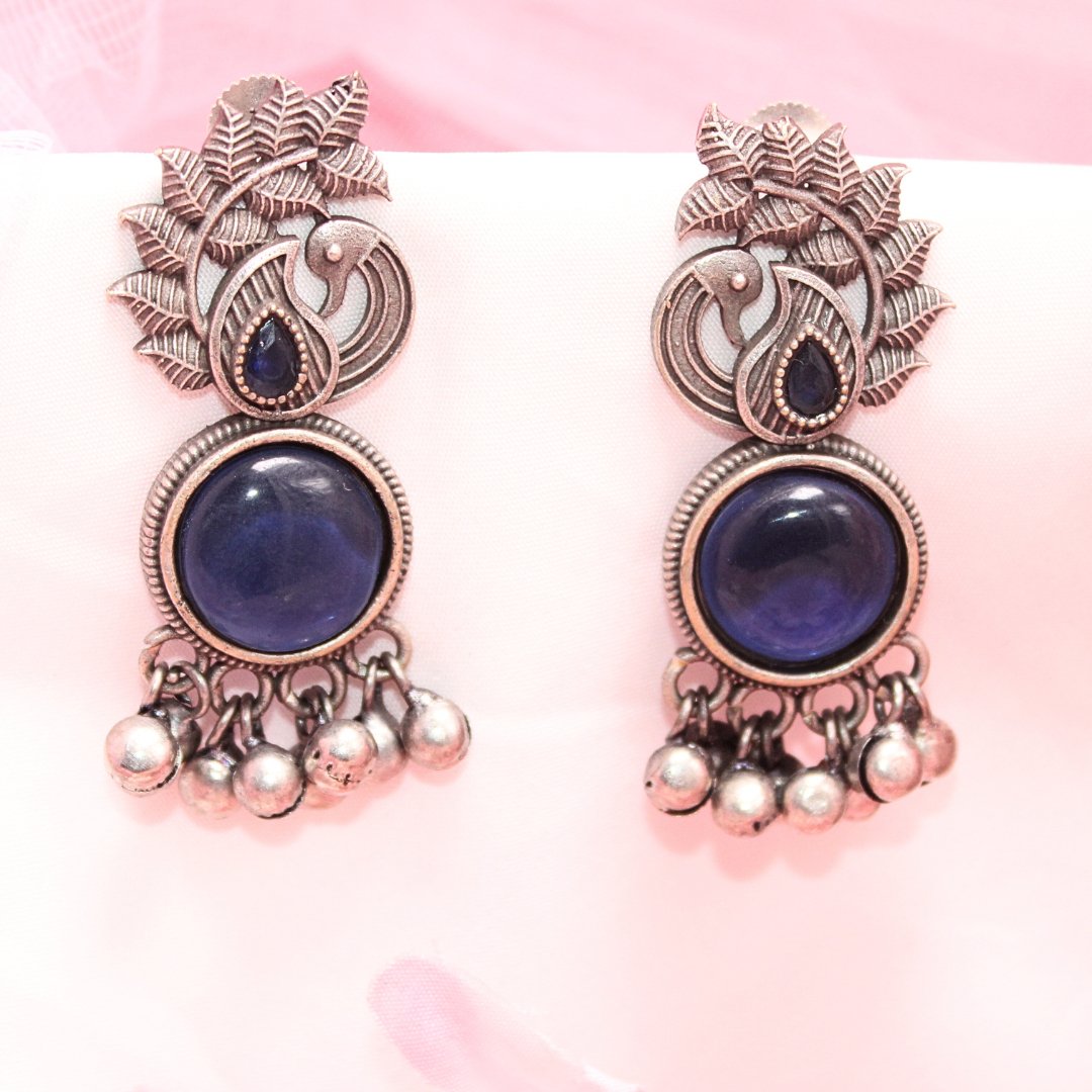 MOR GHUNGROO WITH MONALISA STONE EARRINGS-BLUE -Earrings