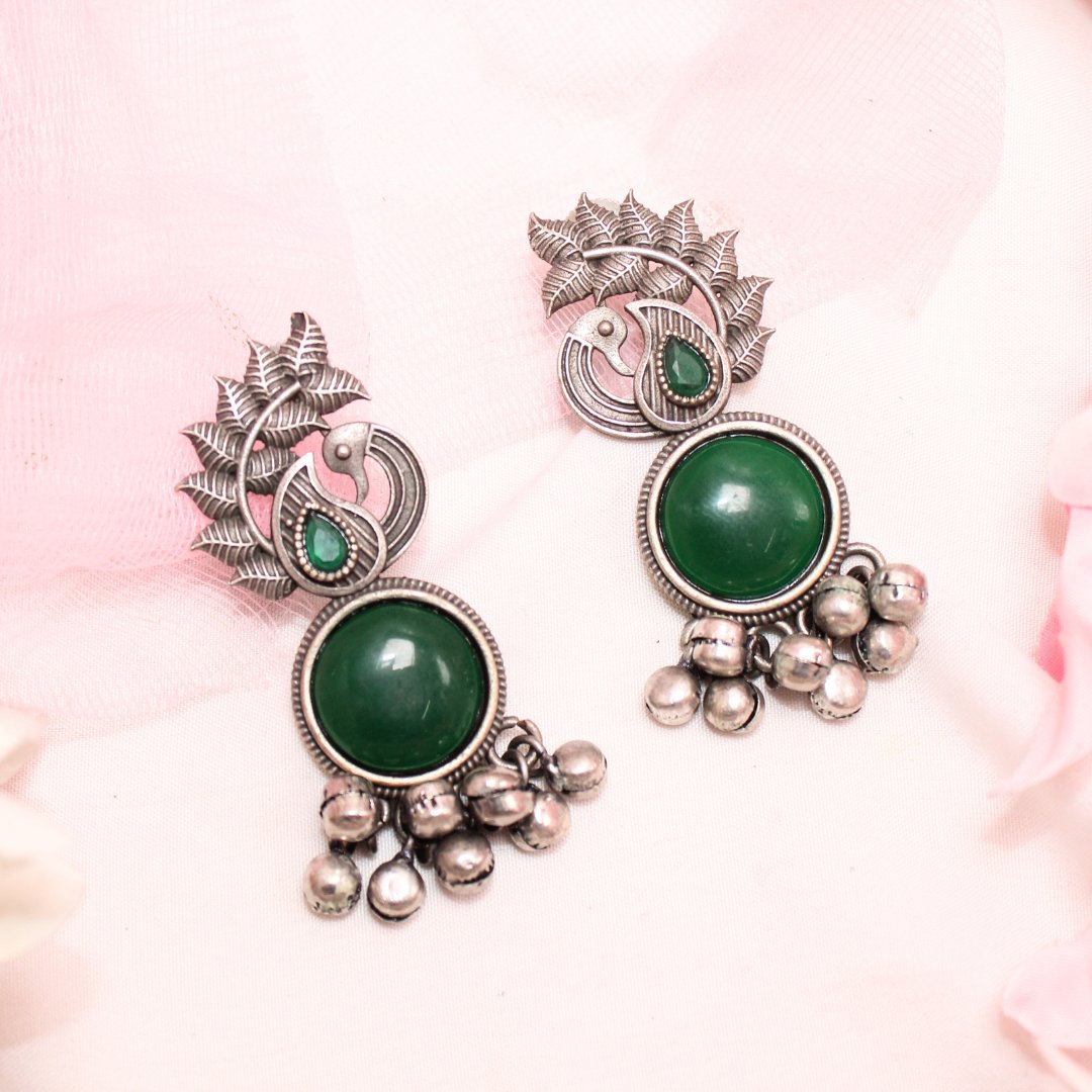 MOR GHUNGROO WITH MONALISA STONE EARRINGS-GREEN -Earrings