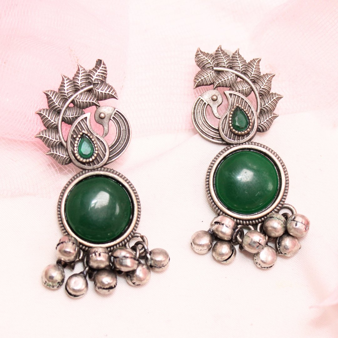 MOR GHUNGROO WITH MONALISA STONE EARRINGS-GREEN -Earrings