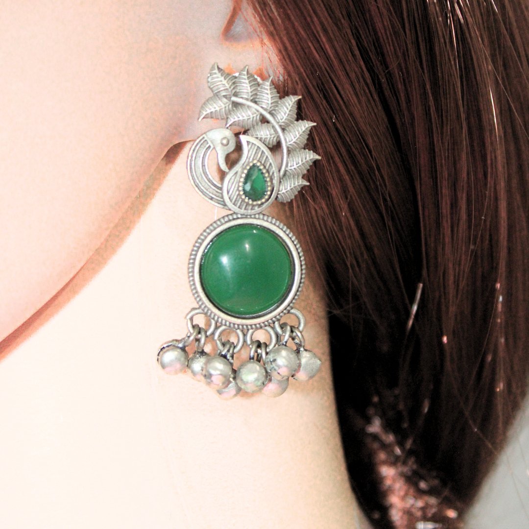 MOR GHUNGROO WITH MONALISA STONE EARRINGS-GREEN -Earrings