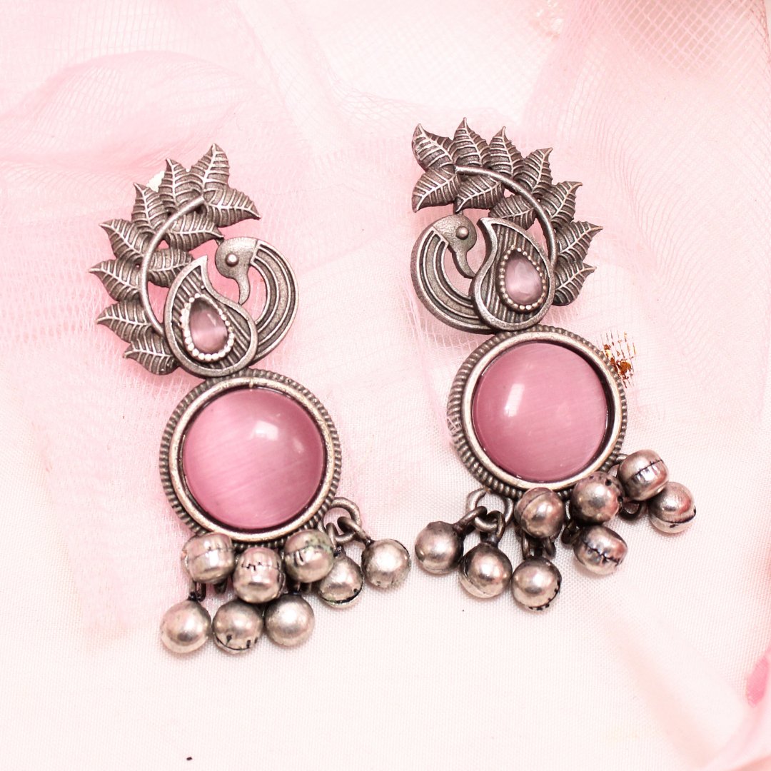 MOR GHUNGROO WITH MONALISA STONE EARRINGS-PINK -Earrings