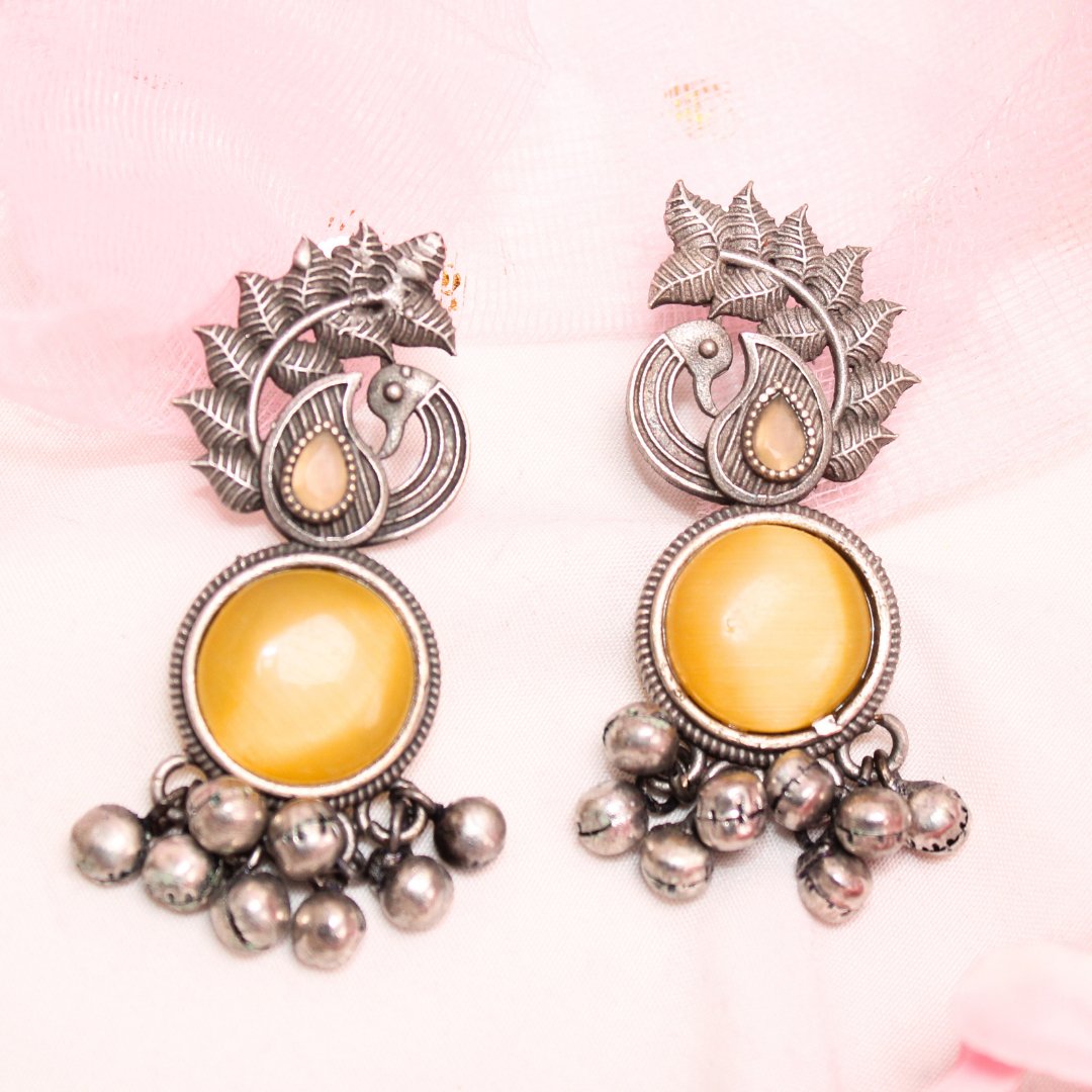 MOR GHUNGROO WITH MONALISA STONE EARRINGS-YELLOW -Earrings