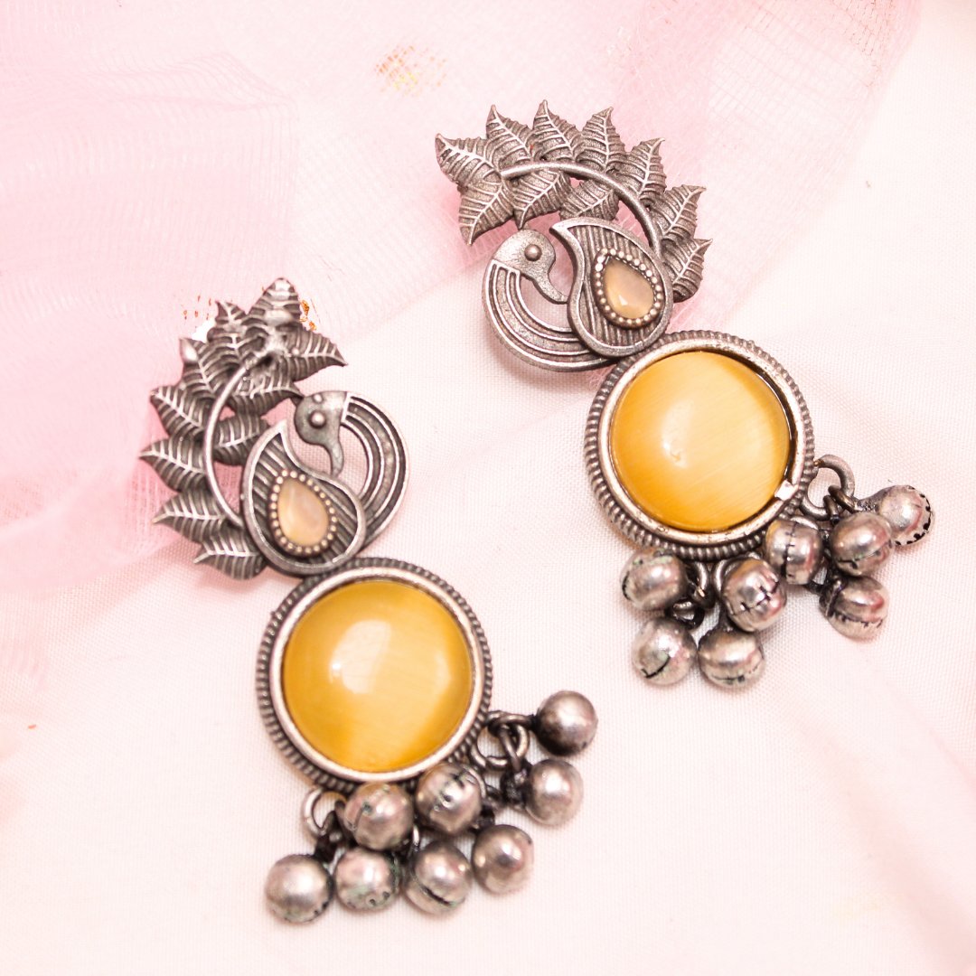 MOR GHUNGROO WITH MONALISA STONE EARRINGS-YELLOW -Earrings