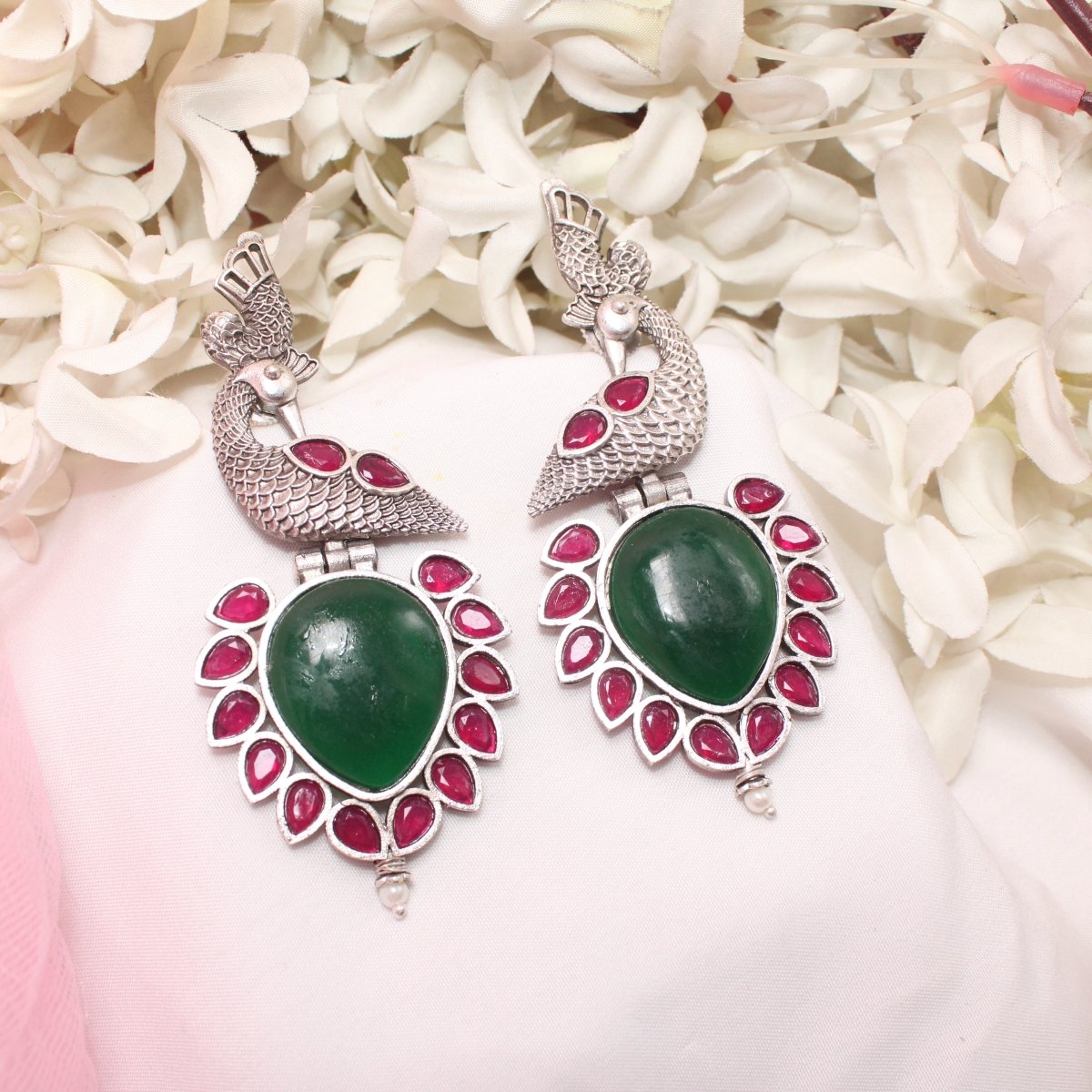 MOR NAGINA SILVER LOOK ALIKE EARRING-GREEN -EARRING