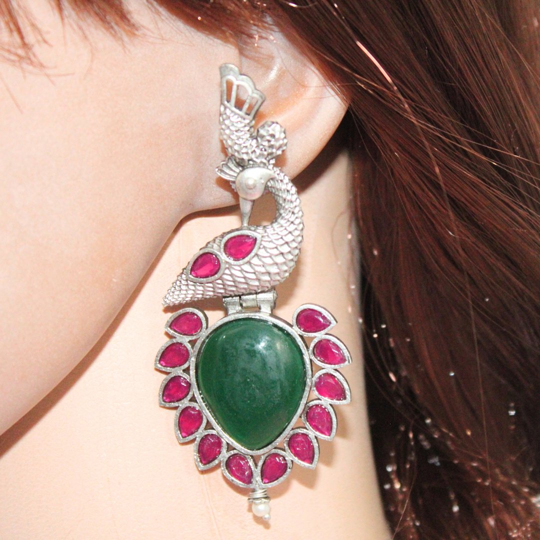 MOR NAGINA SILVER LOOK ALIKE EARRING-GREEN -EARRING