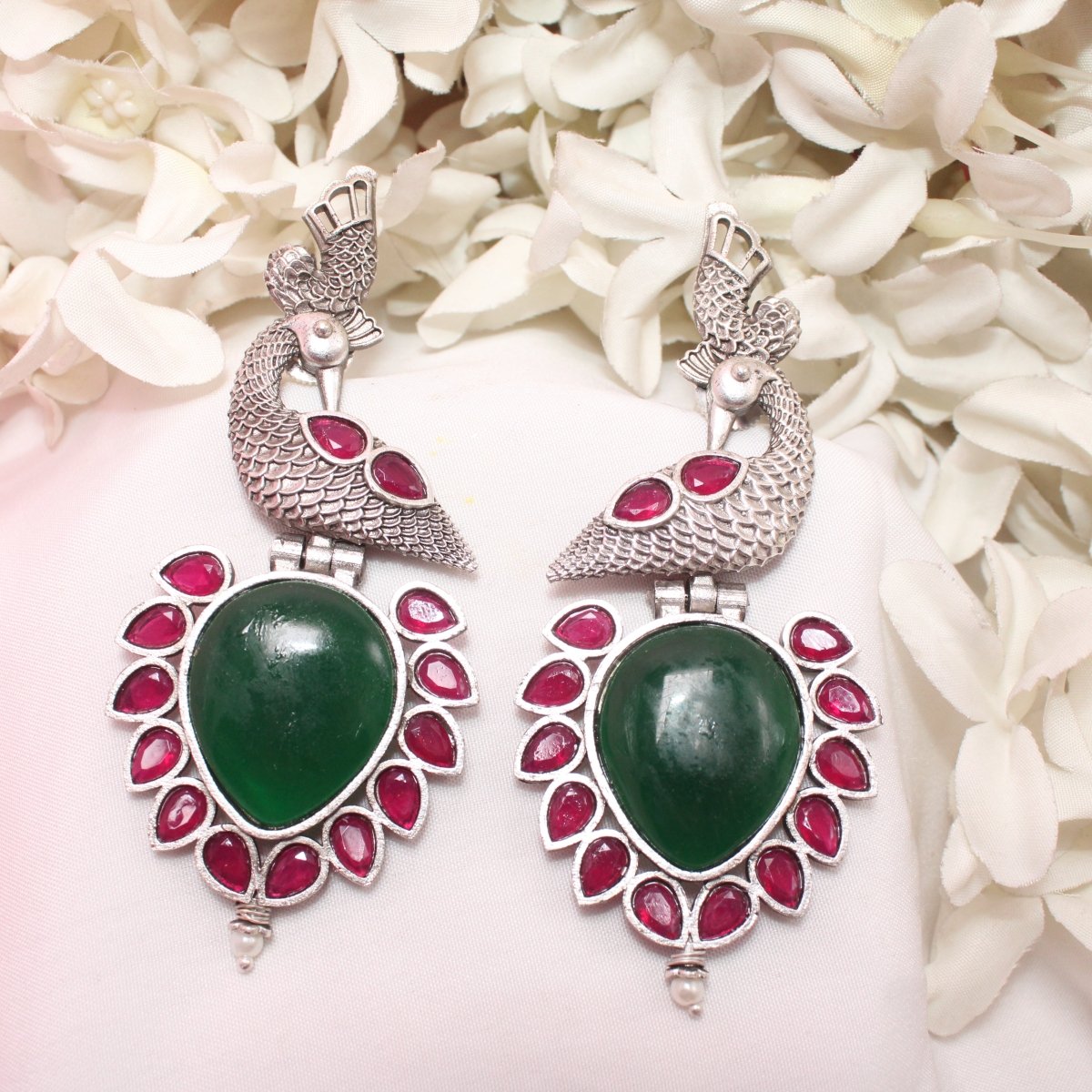 MOR NAGINA SILVER LOOK ALIKE EARRING-GREEN -EARRING