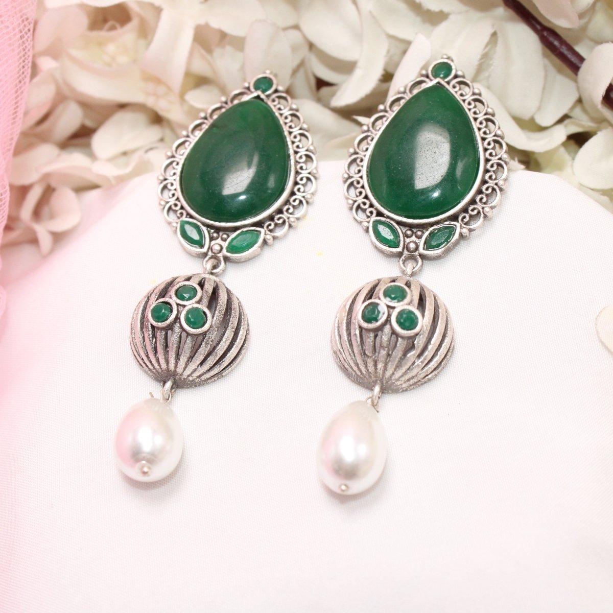 NAGINA MEERA SILVER LOOK ALIKE EARRING-GREEN -EARRING