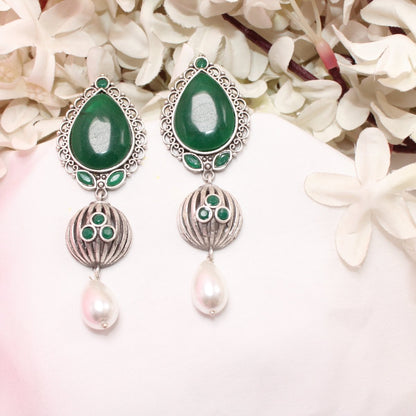 NAGINA MEERA SILVER LOOK ALIKE EARRING-GREEN -EARRING