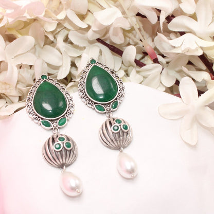 NAGINA MEERA SILVER LOOK ALIKE EARRING-GREEN -EARRING