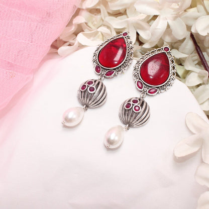 NAGINA MEERA SILVER LOOK ALIKE EARRING-RED -EARRING