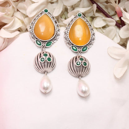 NAGINA MEERA SILVER LOOK ALIKE EARRING-YELLOW -EARRING