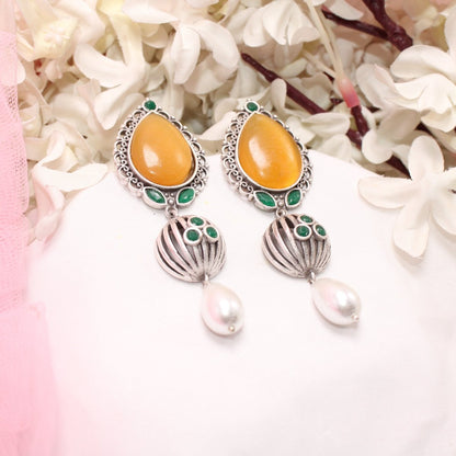 NAGINA MEERA SILVER LOOK ALIKE EARRING-YELLOW -EARRING