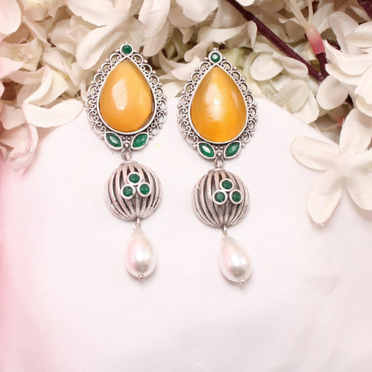 NAGINA MEERA SILVER LOOK ALIKE EARRING-YELLOW -EARRING