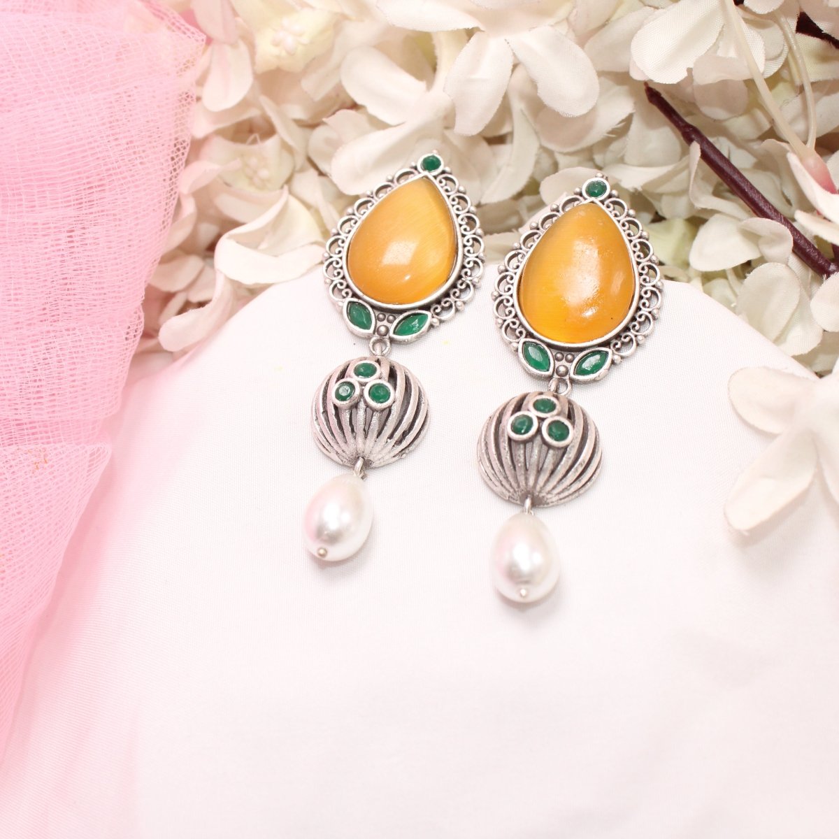 NAGINA MEERA SILVER LOOK ALIKE EARRING-YELLOW -EARRING