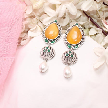 NAGINA MEERA SILVER LOOK ALIKE EARRING-YELLOW -EARRING