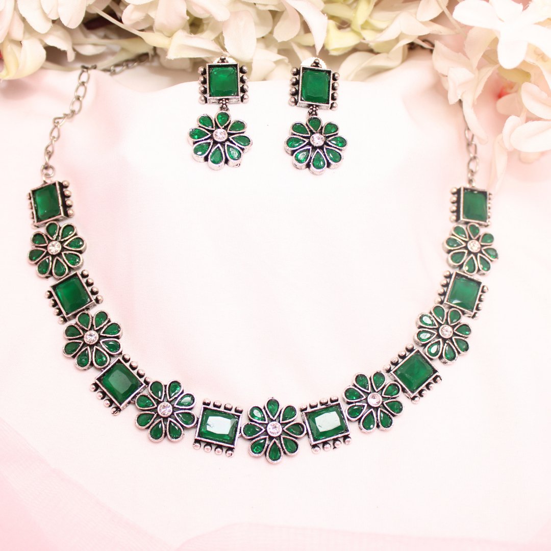 NARGIS FLOWER STONE NECKLACE SET-GREEN -Necklaces