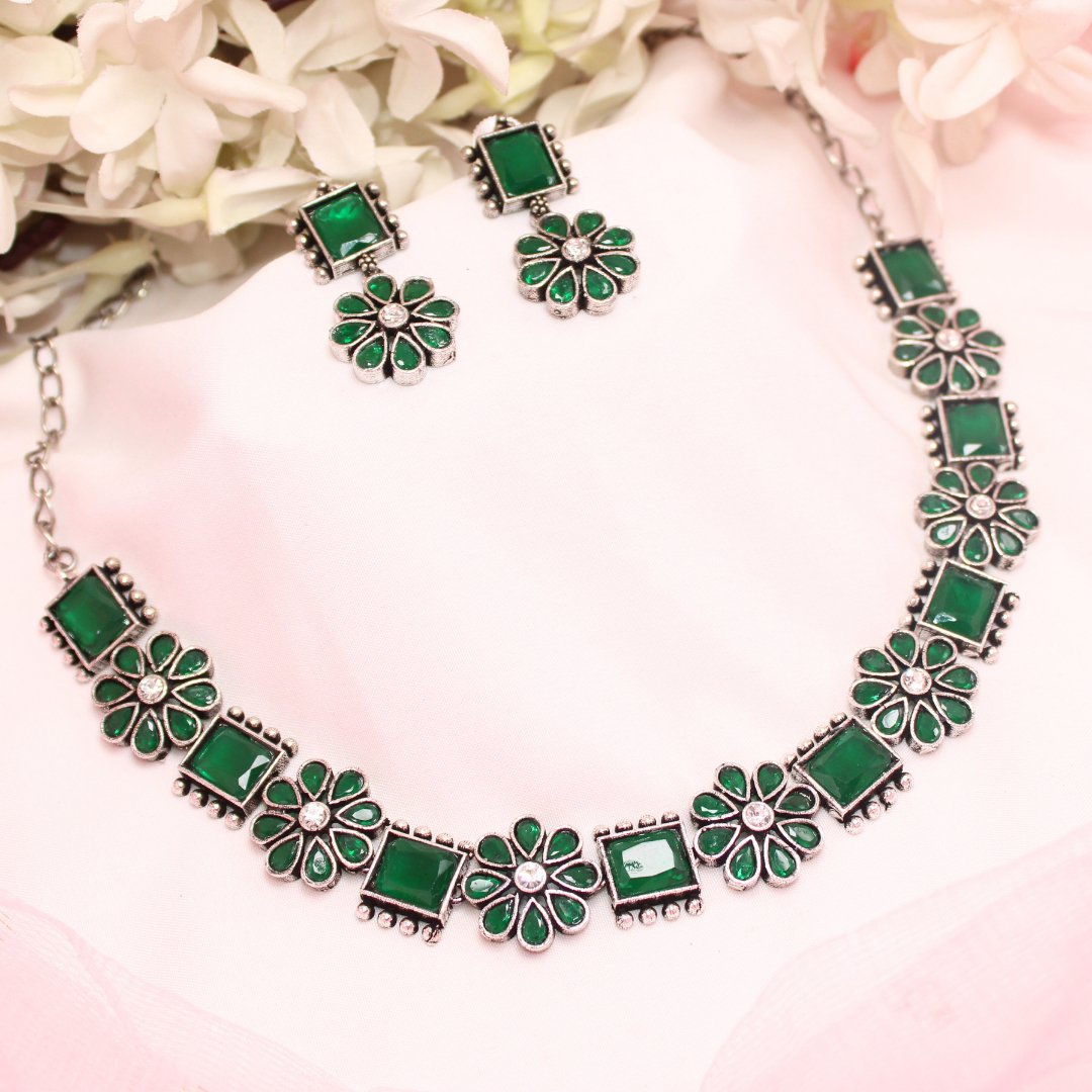 NARGIS FLOWER STONE NECKLACE SET-GREEN -Necklaces