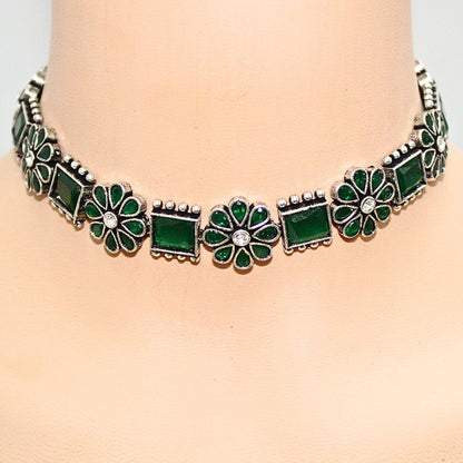 NARGIS FLOWER STONE NECKLACE SET-GREEN -Necklaces