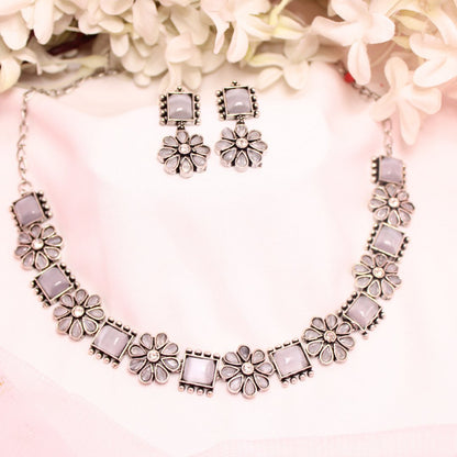 NARGIS FLOWER STONE NECKLACE SET-GREY -Necklaces