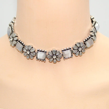 NARGIS FLOWER STONE NECKLACE SET-GREY -Necklaces