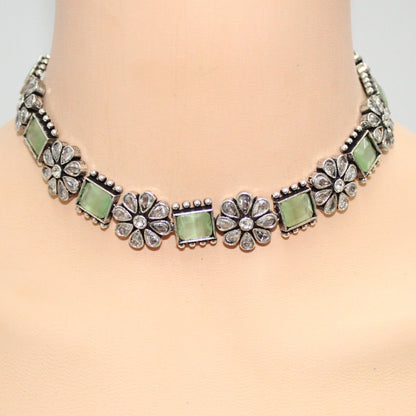 NARGIS FLOWER STONE NECKLACE SET-LIGHT GREEN -Necklaces