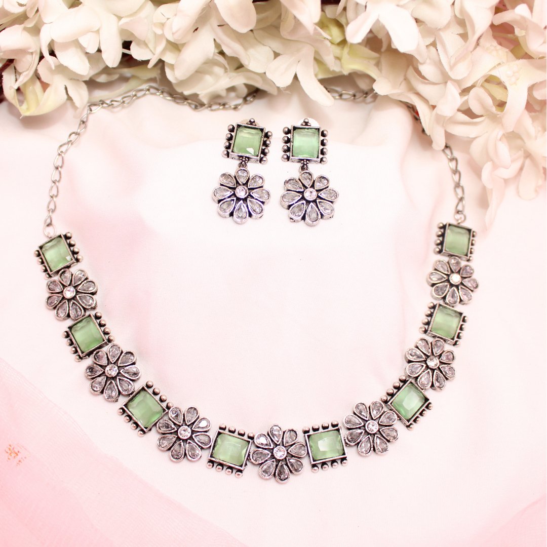 NARGIS FLOWER STONE NECKLACE SET-LIGHT GREEN -Necklaces