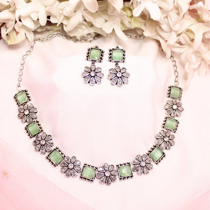 NARGIS FLOWER STONE NECKLACE SET-LIGHT GREEN -Necklaces