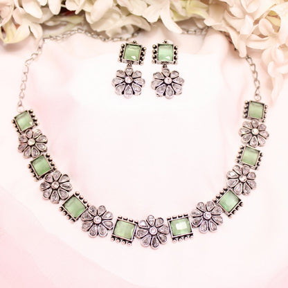 NARGIS FLOWER STONE NECKLACE SET-LIGHT GREEN -Necklaces