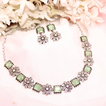 NARGIS FLOWER STONE NECKLACE SET-LIGHT GREEN -Necklaces