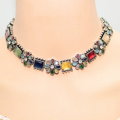 NARGIS FLOWER STONE NECKLACE SET-MULTICOLOUR -Necklaces