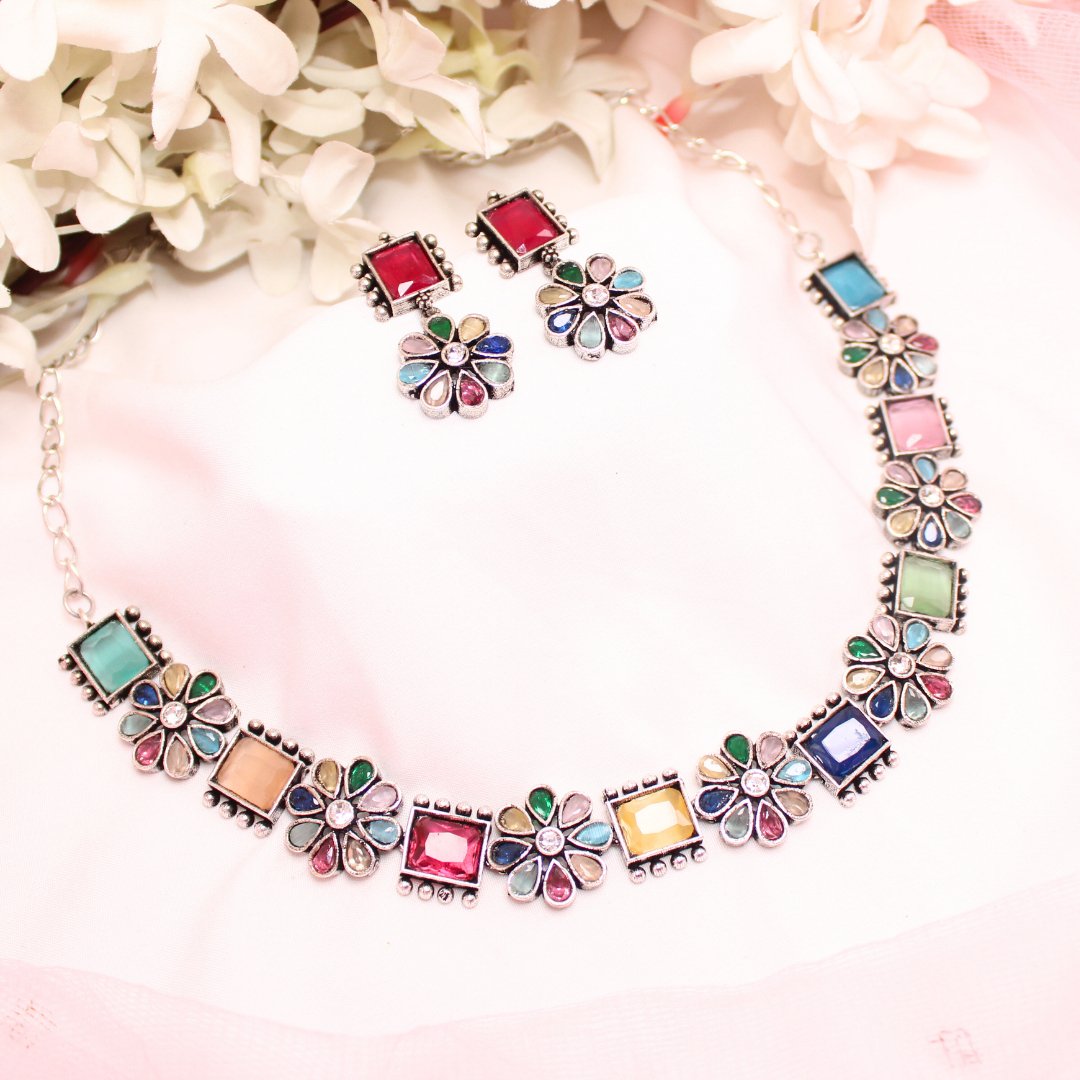 NARGIS FLOWER STONE NECKLACE SET-MULTICOLOUR -Necklaces