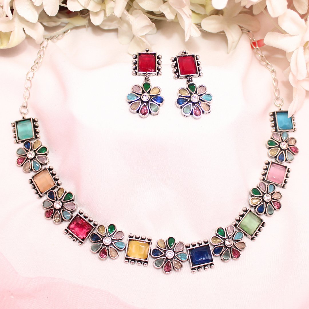 NARGIS FLOWER STONE NECKLACE SET-MULTICOLOUR -Necklaces