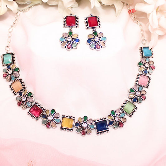 NARGIS FLOWER STONE NECKLACE SET-MULTICOLOUR -Necklaces